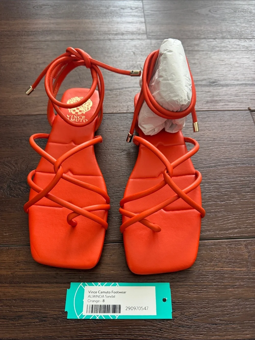 Vince Camuto Alminda Orange Leather  Strappy Square-Toe Wrap Sandals size 8